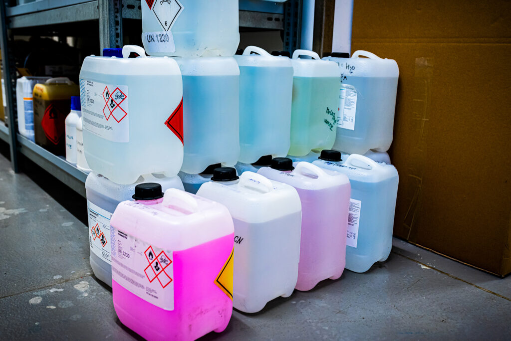 Chemical waste in plastic containers