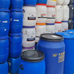 Various plastic barrels stacked together
