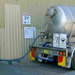 A vacuum loader truck at a business site.