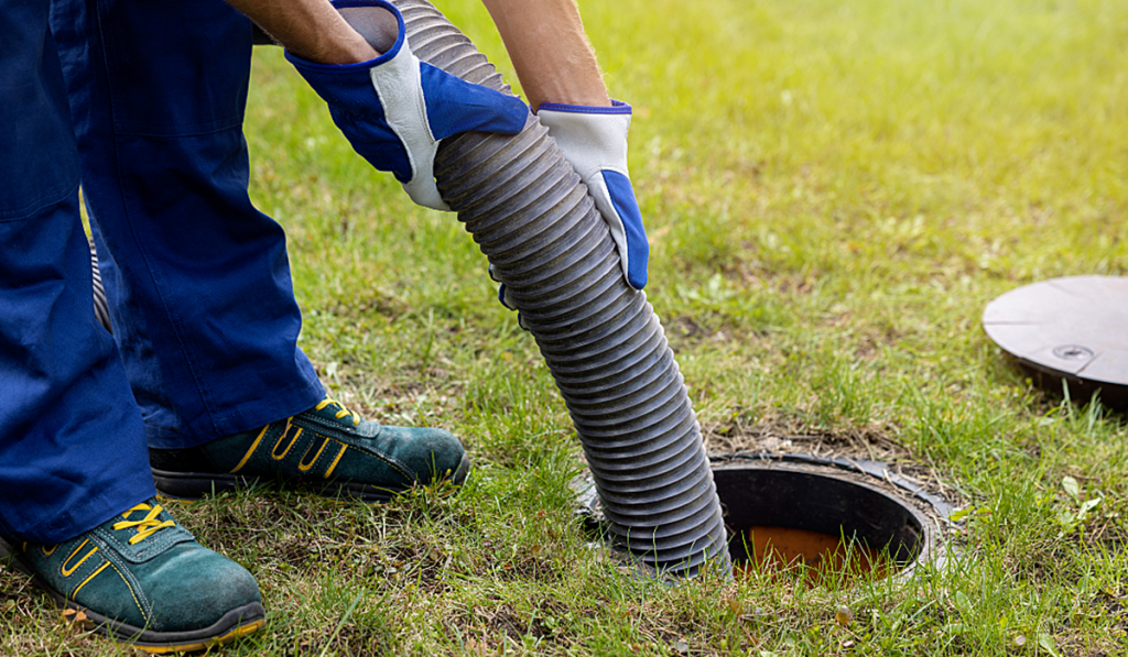 A person holding a hose placed inside a septic system in the ground