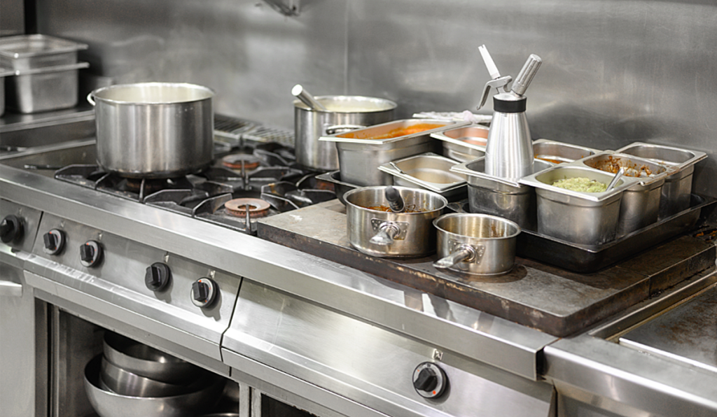 A commercial kitchen in use