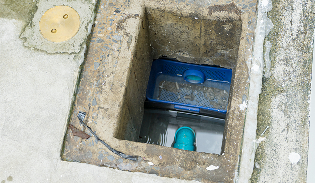Open grease trap chamber showing wastewater, internal baffle components and pipework during routine inspection and maintenance.