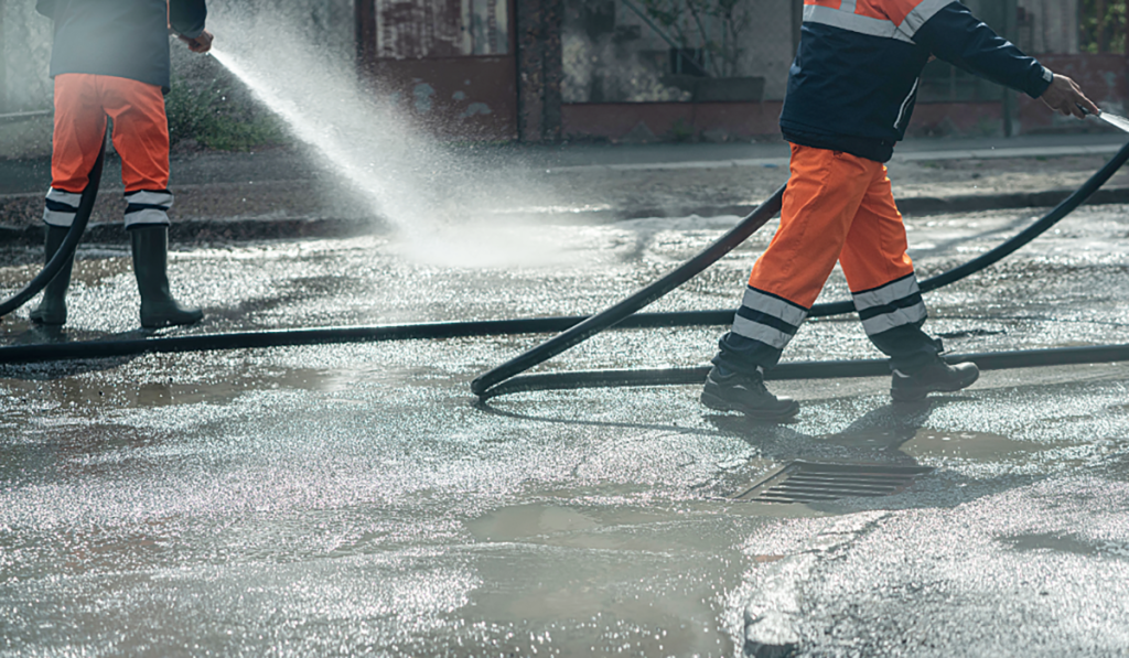 Workers pressure washing an industrial wash-down area